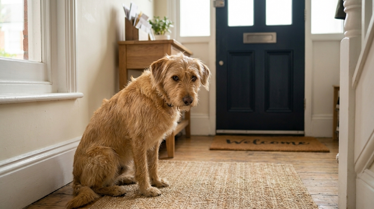 A dog sitting near the front door where it has been marking.