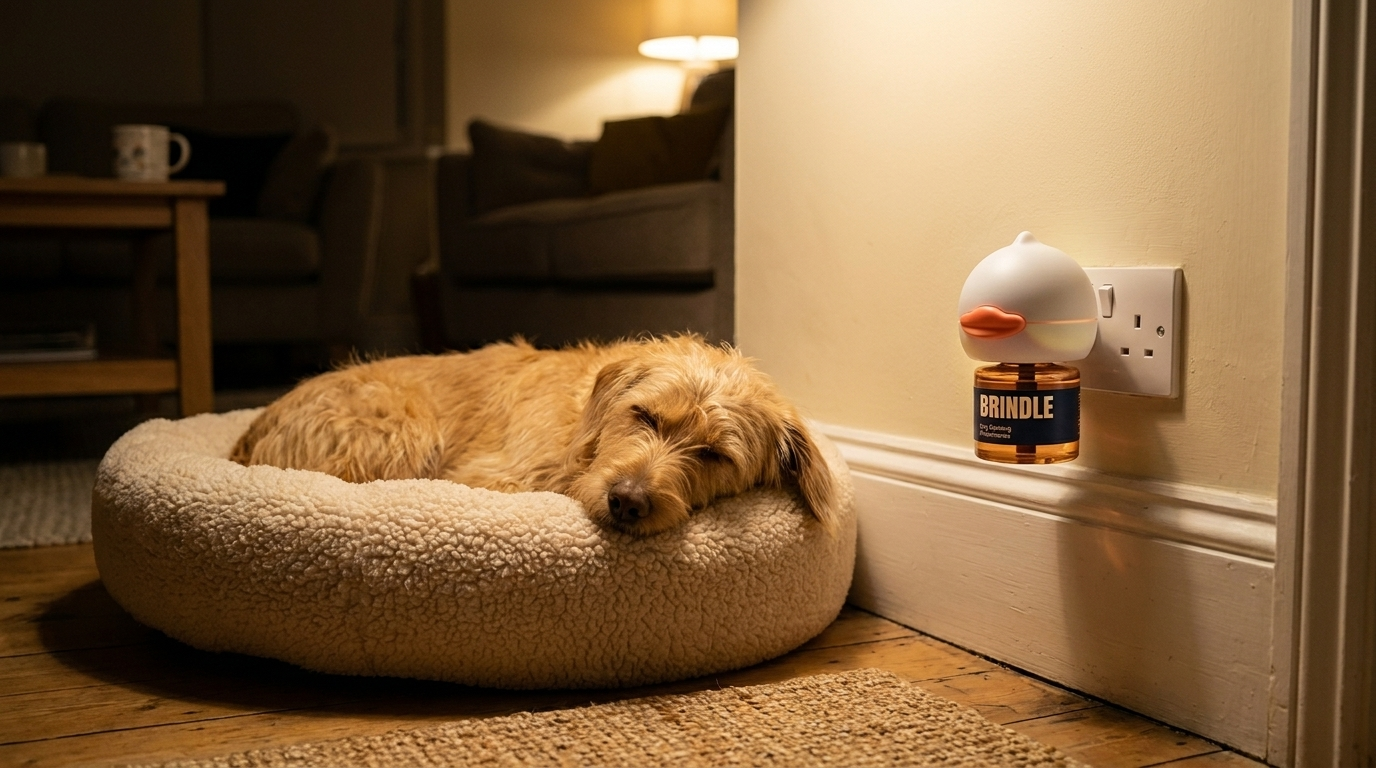 A Brindle Calm diffuser plugged in beside a sleeping dog in a dim, calm room.