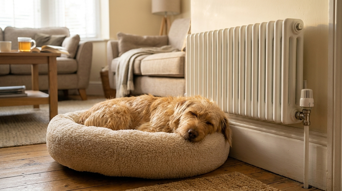 A relaxed dog asleep beside a radiator in a calm living room.