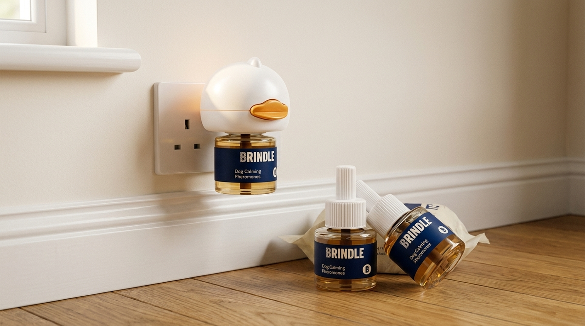 The Brindle Calm SafeSignal diffuser plugged into a wall socket, with refill packs beside it.