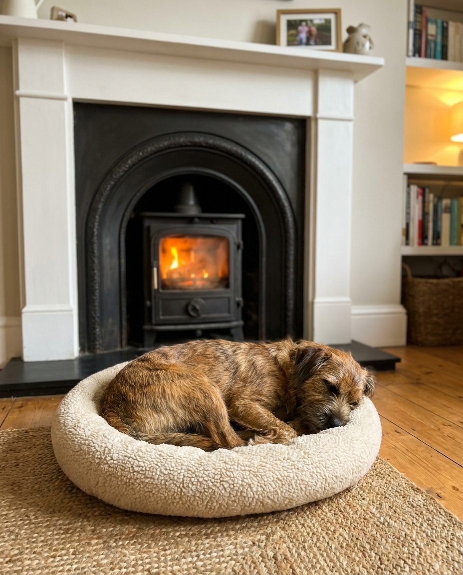 Dog napping by fireplace